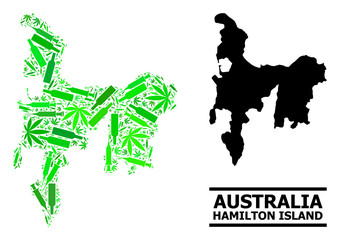 Drugs mosaic and usual map of Hamilton Island. Vector map of Hamilton Island is shaped from random vaccine symbols, weed and wine bottles.