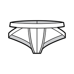 Jockstrap underwear technical fashion illustration with elastic waistband, athletic supporter. Flat thong Underpants lingerie template front, white color. Women men unisex swimsuit CAD mockup 