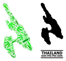 Drugs mosaic and solid map of Koh Phi Don. Vector map of Koh Phi Don is made of scattered syringes, ganja and alcohol bottles.