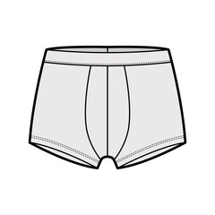 Trunks underwear technical fashion illustration with elastic waistband Athletic-style skin-tight. Flat short-leg boxer briefs Underpants lingerie template front grey color. Women men unisex CAD mockup