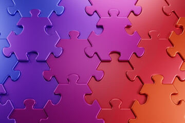 Geometric Pattern of a Jigsaw Puzzle. Close-up view of varicoloured hexagonal pieces of a jigsaw puzzle composed to color gradient from blue to orange. 3D-rendering graphics.