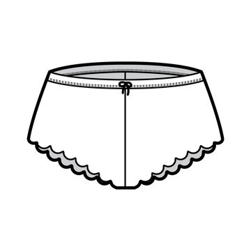 French knickers technical fashion illustration with scalloped edge, elastic waistband. Flat Mini-short panties briefs lingerie template front, white color. Women men unisex underwear CAD mockup
