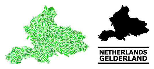 Fototapeta premium Drugs mosaic and solid map of Gelderland Province. Vector map of Gelderland Province is done of randomized vaccine symbols, hemp and drink bottles.