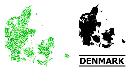 Addiction mosaic and solid map of Denmark. Vector map of Denmark is shaped with randomized vaccine doses, herb and wine bottles. Abstract territorial plan in green colors for map of Denmark.