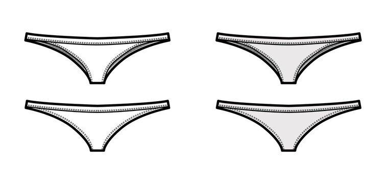 Tangas technical fashion illustration with elastic waistband, low rise, medium hips coverage. Flat Mini briefs lingerie template front, back, white, grey color. Women men unisex underwear CAD mockup