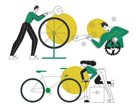 Bicycle repair service concept. Set of modern flat vector illustrations with characters. Bike mechanic in a workshop in the repair process.  Man and woman with a tool.  Isolated on white background