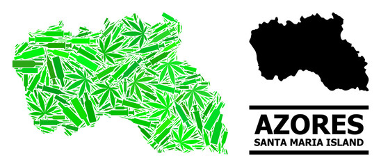 Addiction mosaic and solid map of Santa Maria Island. Vector map of Santa Maria Island is constructed with randomized syringes, cannabis and alcohol bottles.