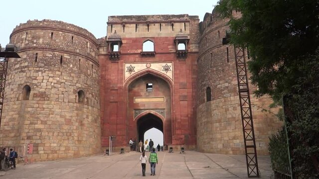 Wide, exterior of the Purana Qila, a fortress in Delhi, India