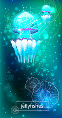Vivid neon light illustration of jellyfish