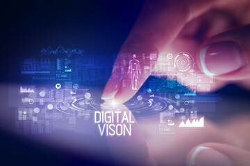 Finger touching tablet with web technology icons and DIGITAL VISON inscription