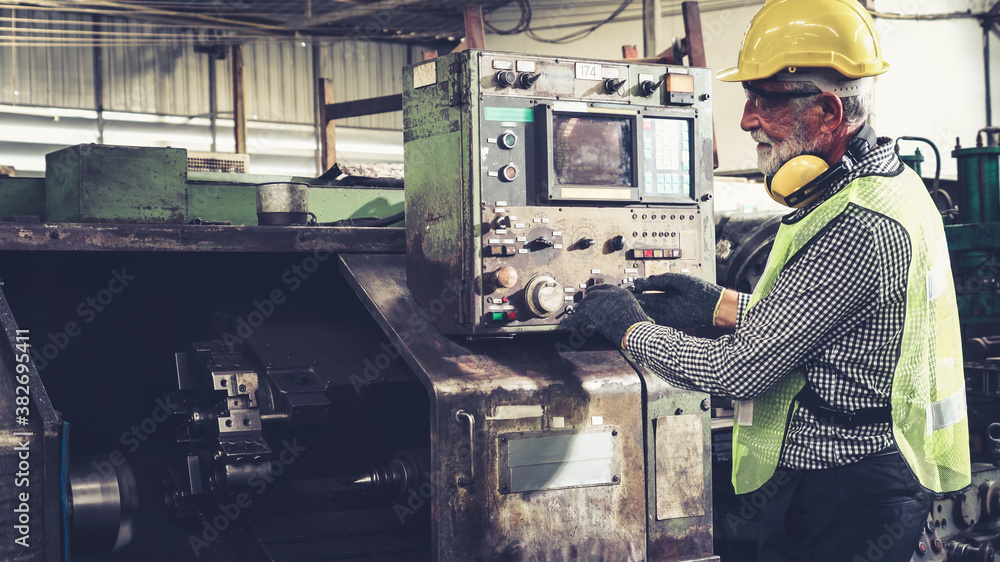 Poster smart factory worker using machine in factory workshop . industry and engineering concept.
