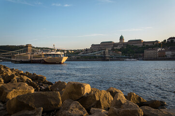 The famous Chain bridge with the castle in the background at sunset, Budapest, Hungary