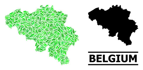Addiction mosaic and usual map of Belgium. Vector map of Belgium is created of random injection needles, addict and drink bottles. Abstract geographic plan in green colors for map of Belgium.