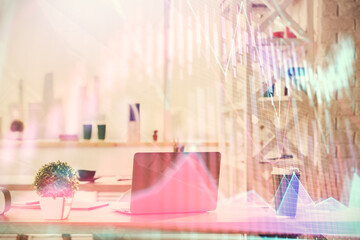 Double exposure of stock market graph drawing and office interior background. Concept of financial analysis.