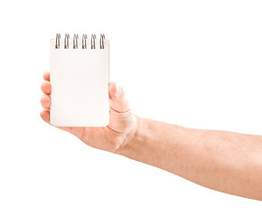 Male Hands Holding Pad of Paper Isolated on a White Background.