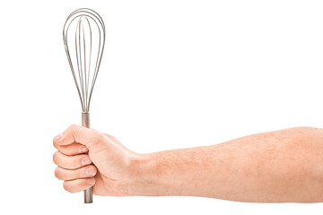 Male hand holding a egg beater mixer whisk, isolated over the white background