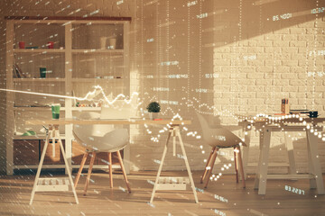 Double exposure of financial graph drawing and office interior background. Concept of stock market.