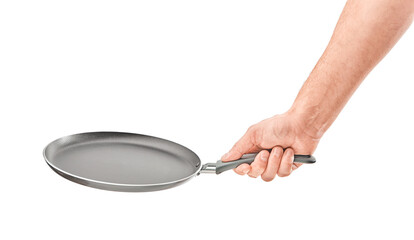 Hand holding a black frying pan isolated on white background