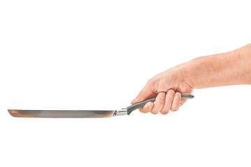 Hand holding a black frying pan isolated on white background