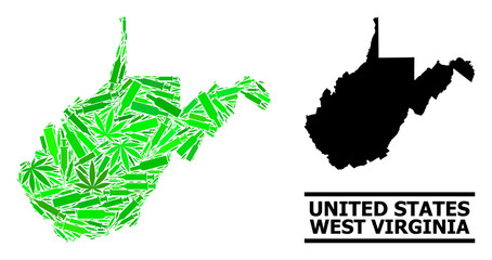 Drugs mosaic and usual map of West Virginia State. Vector map of West Virginia State is done of randomized vaccine symbols, herbal and alcoholic bottles.