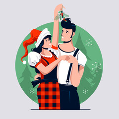 Love Couple Kissing Under The Mistletoe during Christmas Holidays Celebrate