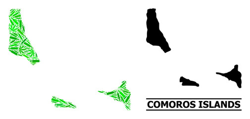 Drugs mosaic and usual map of Comoros Islands. Vector map of Comoros Islands is done with random inoculation icons, narcotic and alcoholic bottles.
