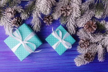 Christmas background with two blue gift boxes and frosty fir tree branches