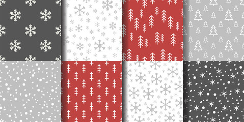 Fototapeta na wymiar Set of seamless winter patterns with snowflakes and fir trees.