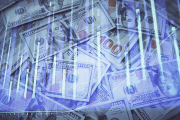 Double exposure of forex graph drawing over us dollars bill background. Concept of financial markets.