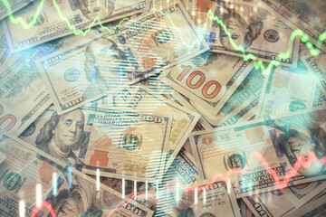 Multi exposure of forex chart drawing over us dollars bill background. Concept of financial success markets.
