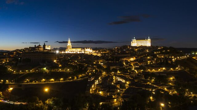 Panoramic view of the historical city of Toledo, Spain. Night Time Lapse