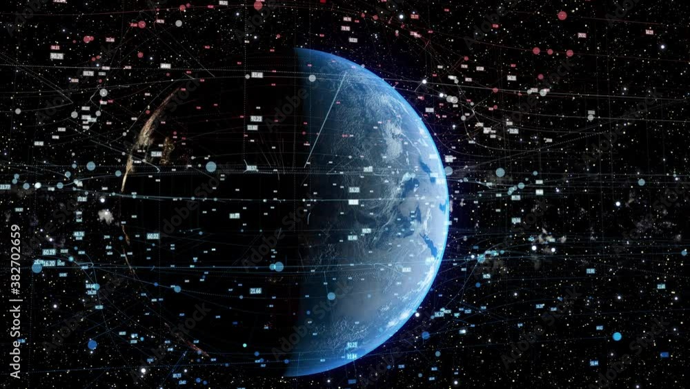 Sticker spinning earth with space background and digital data grid