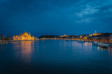 Budapest city skyline with the Hungarian Parliament and Danube River at night, Budapest, Hungary