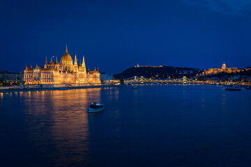 Hungarian Parliament and Danube River at night, Budapest, Hungary