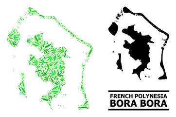 Drugs mosaic and usual map of Bora-Bora. Vector map of Bora-Bora is composed with randomized syringes, ganja and wine bottles. Abstract geographic scheme in green colors for map of Bora-Bora. - obrazy, fototapety, plakaty