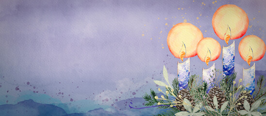 Advent Wreath with Candles. Watercolor christian background. - obrazy, fototapety, plakaty
