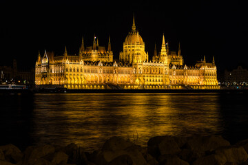 Hungarian Parliament and Danube River at night, Budapest, Hungary