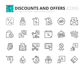 Simple set of outline icons about discounts and offers. Shopping