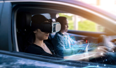 Virtual augmented reality driving user interface simulation projection holographical display screen navigation, woman driving car wearing vr headset using interface finding location travel destination