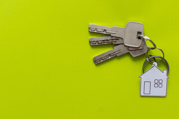 Macro view of two silver keys with house figure on the light green background
