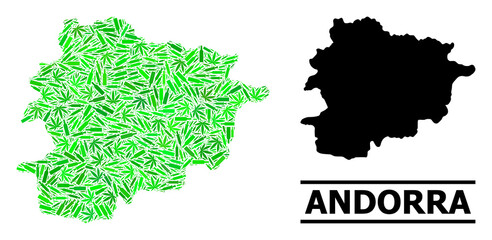 Addiction mosaic and usual map of Andorra. Vector map of Andorra is designed from randomized syringes, herb and alcoholic bottles. Abstract territorial scheme in green colors for map of Andorra.