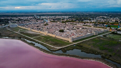 Aerial view of Aigues Mortes, a medieval city surrounded with salt marshes in Camargue, south of...