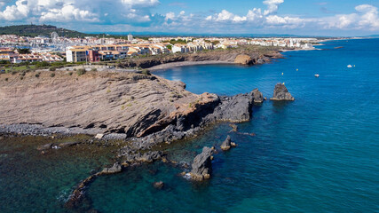 Aerial view of the Cap d'Agde sea resort on the South of France along the Mediterranean Sea - Rocky...