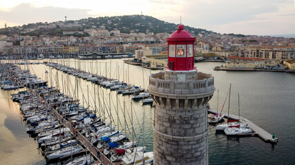 Aerial view of the lighthouse of Sete in the South of France - Marina in the Mediterranean Sea