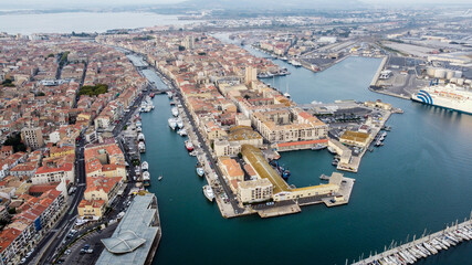 Aerial view of the old town of Sete in the South of France - Downtown island between two canals along the Mediterranean Sea