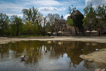 Vajdahunyad Castle in the city park with the lake without water, Budapest, HUngary