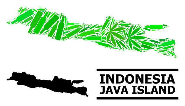Addiction mosaic and usual map of Java Island. Vector map of Java Island is organized with randomized inoculation icons, weed and alcoholic bottles.