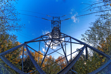 high voltage view from below against the blue sky