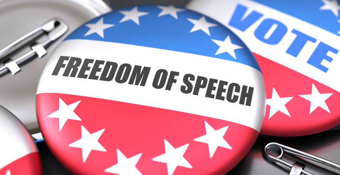 Freedom of speech and elections in the USA, pictured as pin-back buttons with American flag, to symbolize that Freedom of speech can be an important  part of election, 3d illustration