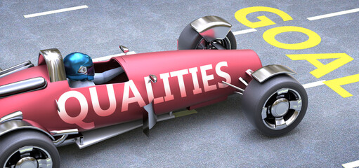 Fototapeta premium Qualities helps reaching goals, pictured as a race car with a phrase Qualities on a track as a metaphor of Qualities playing vital role in achieving success, 3d illustration